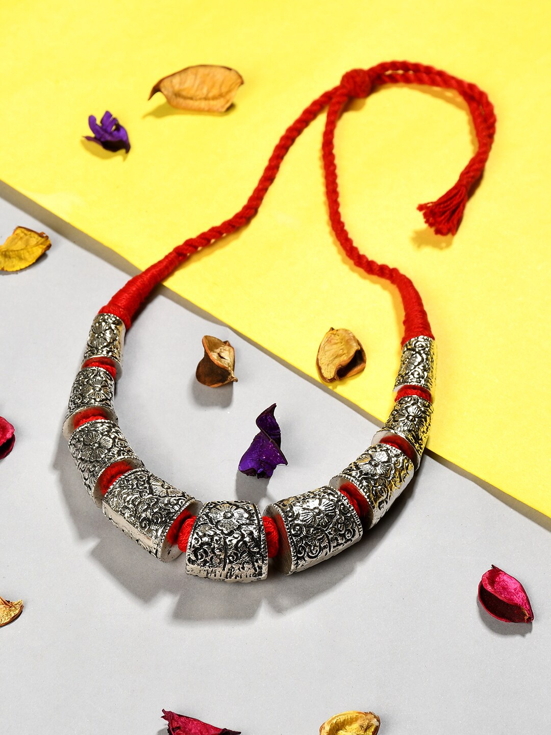 

Bamboo Tree Jewels Red & Silver-Toned Afghan Necklace