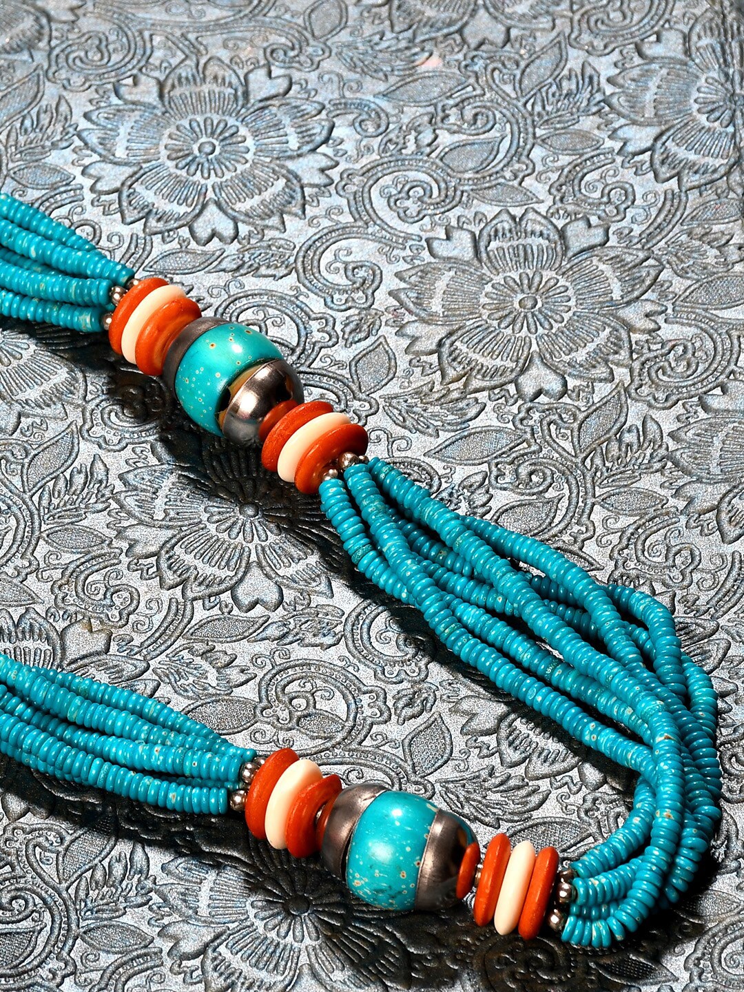 

Bamboo Tree Jewels Blue & Orange Afghan Necklace