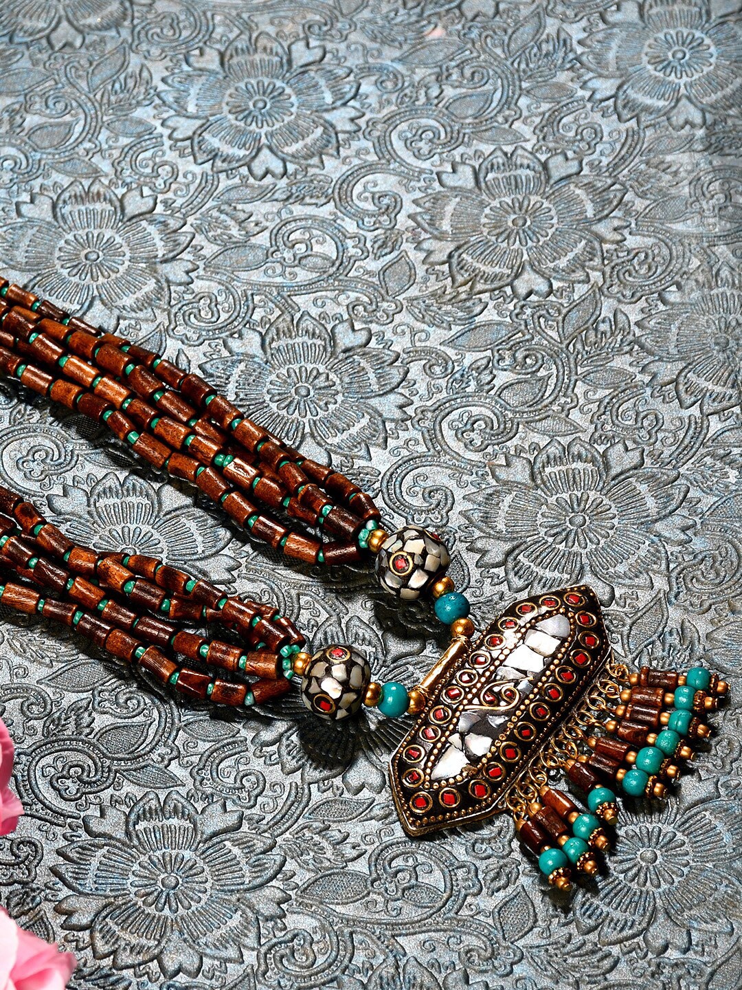 

Bamboo Tree Jewels Brown & Teal Afghan Necklace