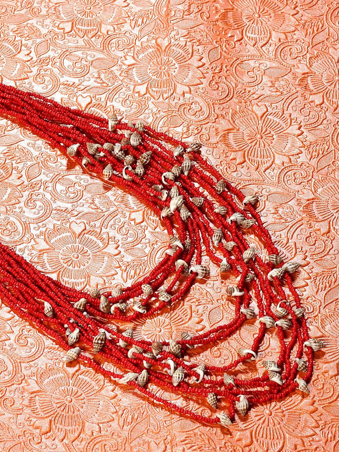 

Bamboo Tree Jewels Red & Beige Afghan Necklace