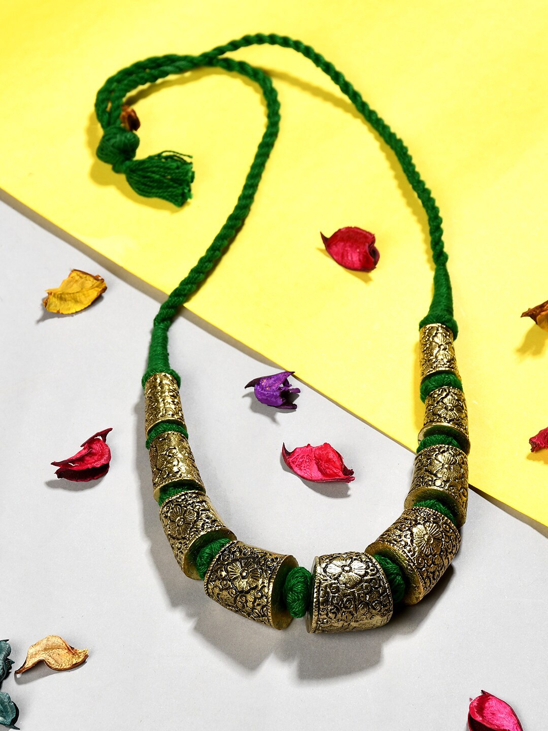 

Bamboo Tree Jewels Green & Gold-Toned Afghan Necklace