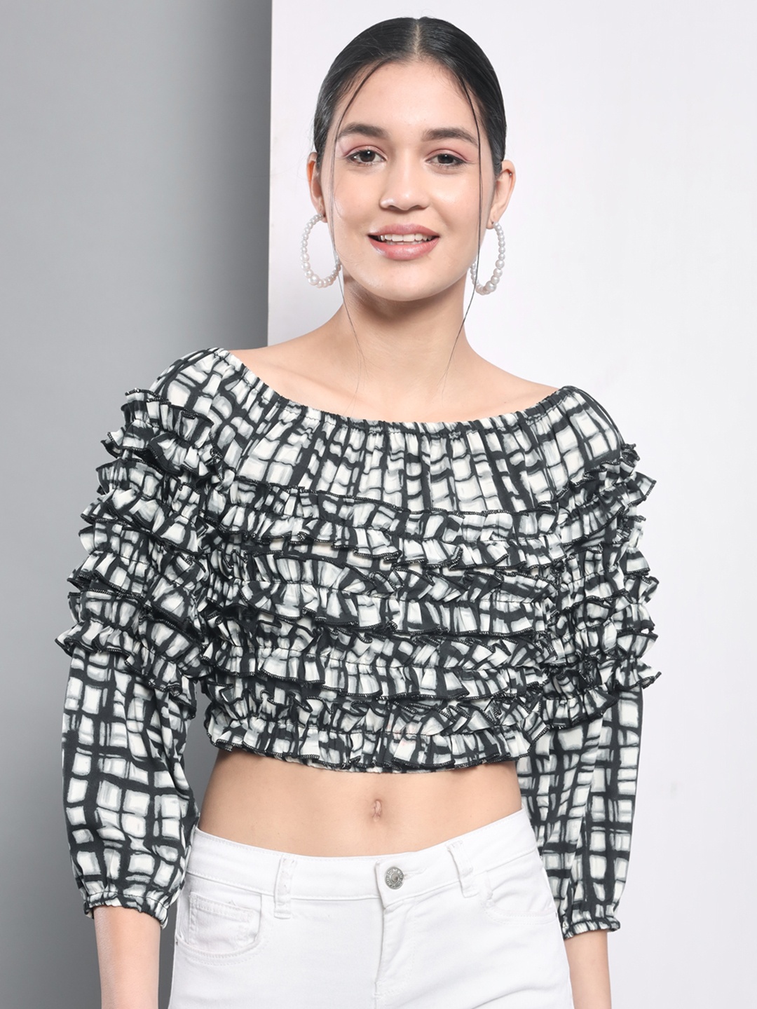 

Trend Arrest Women Black Print Ruffles Crepe Crop Top