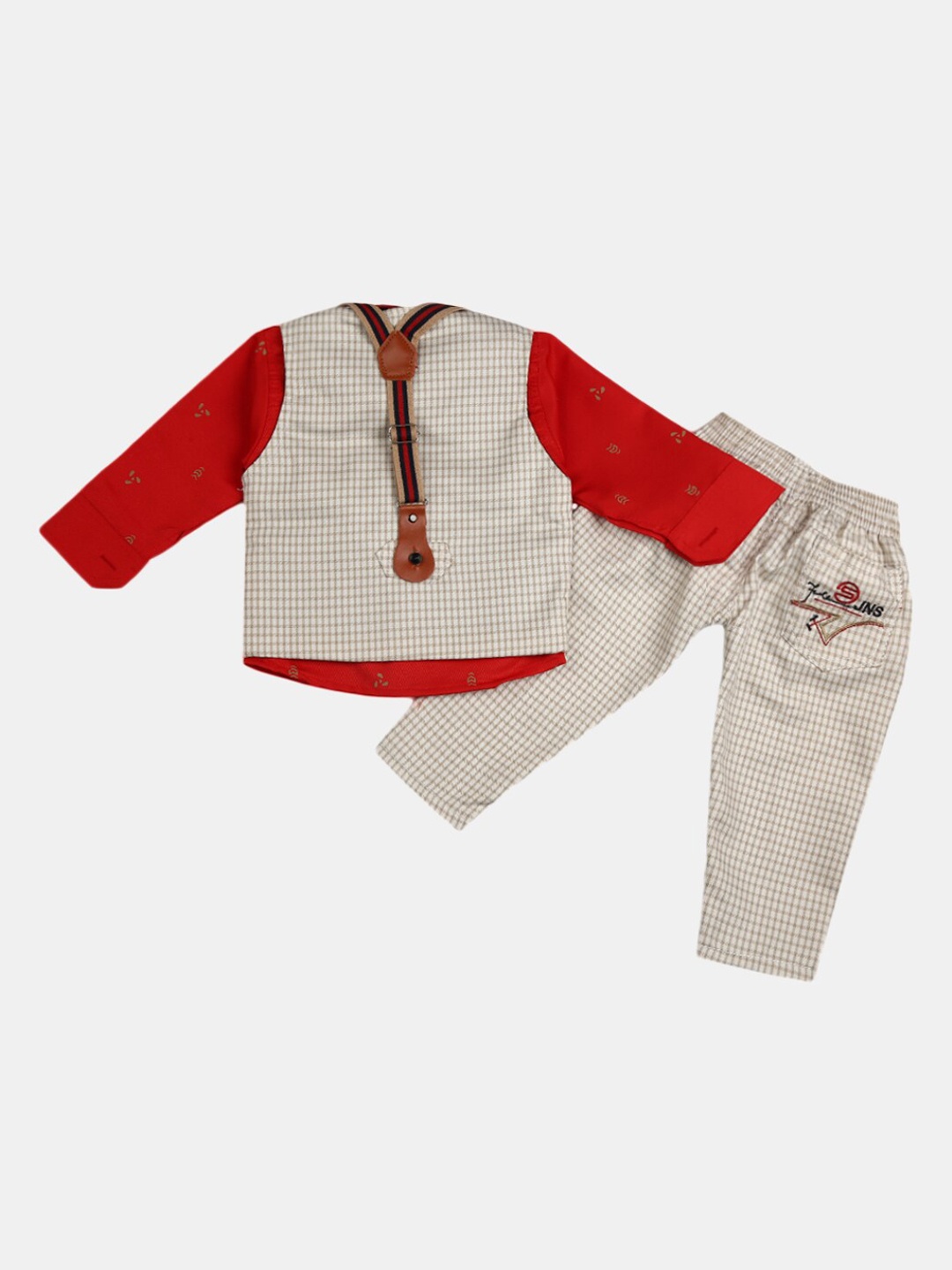 

V-Mart Unisex Kids Red & Beige Checked Shirt with Trousers Comes With A Bow & Waistcoat