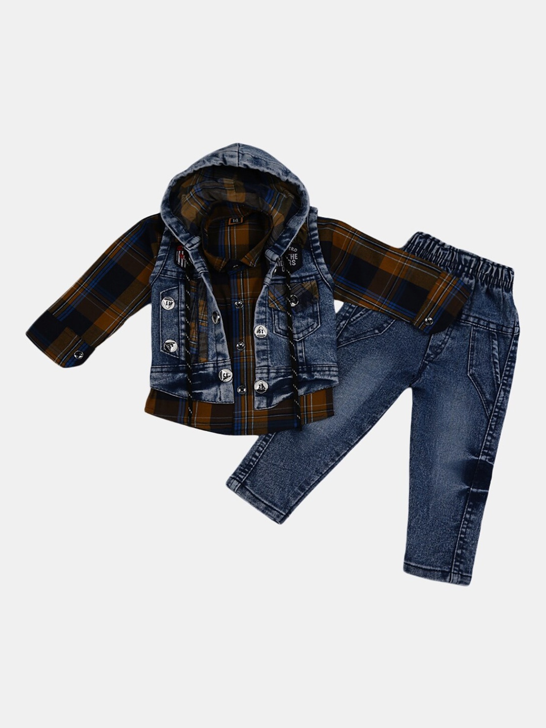 

V-Mart Unisex Kids Blue & Mustard Checked T-shirt with Trousers