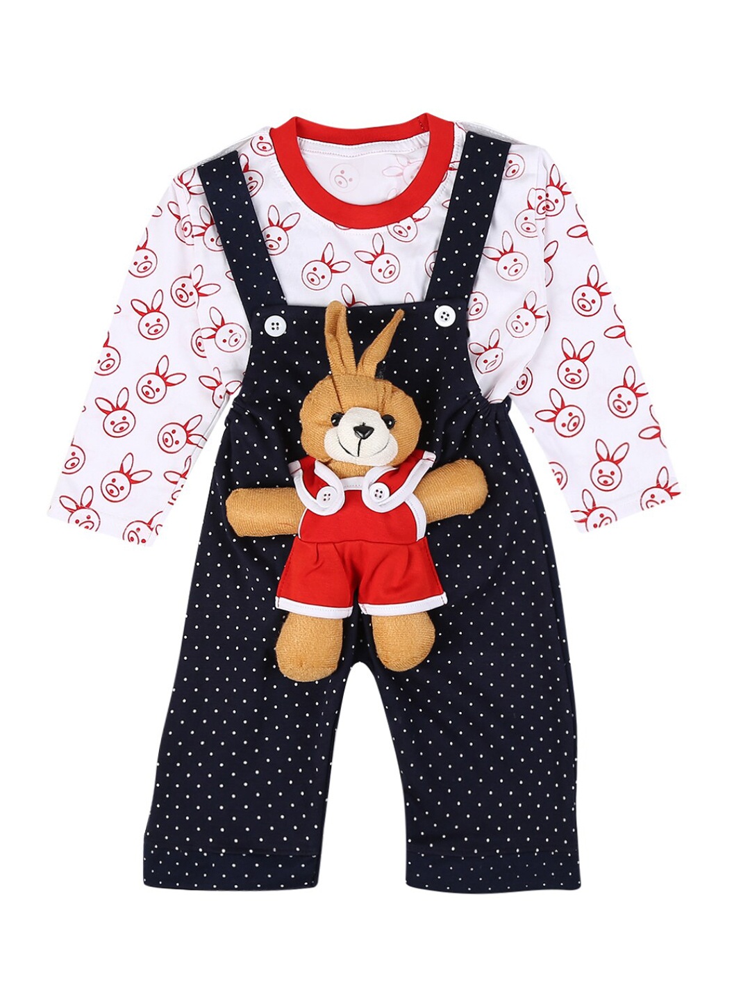 

V-Mart Kids Navy Blue & White Printed Pure Cotton Dungaree With T-shirt