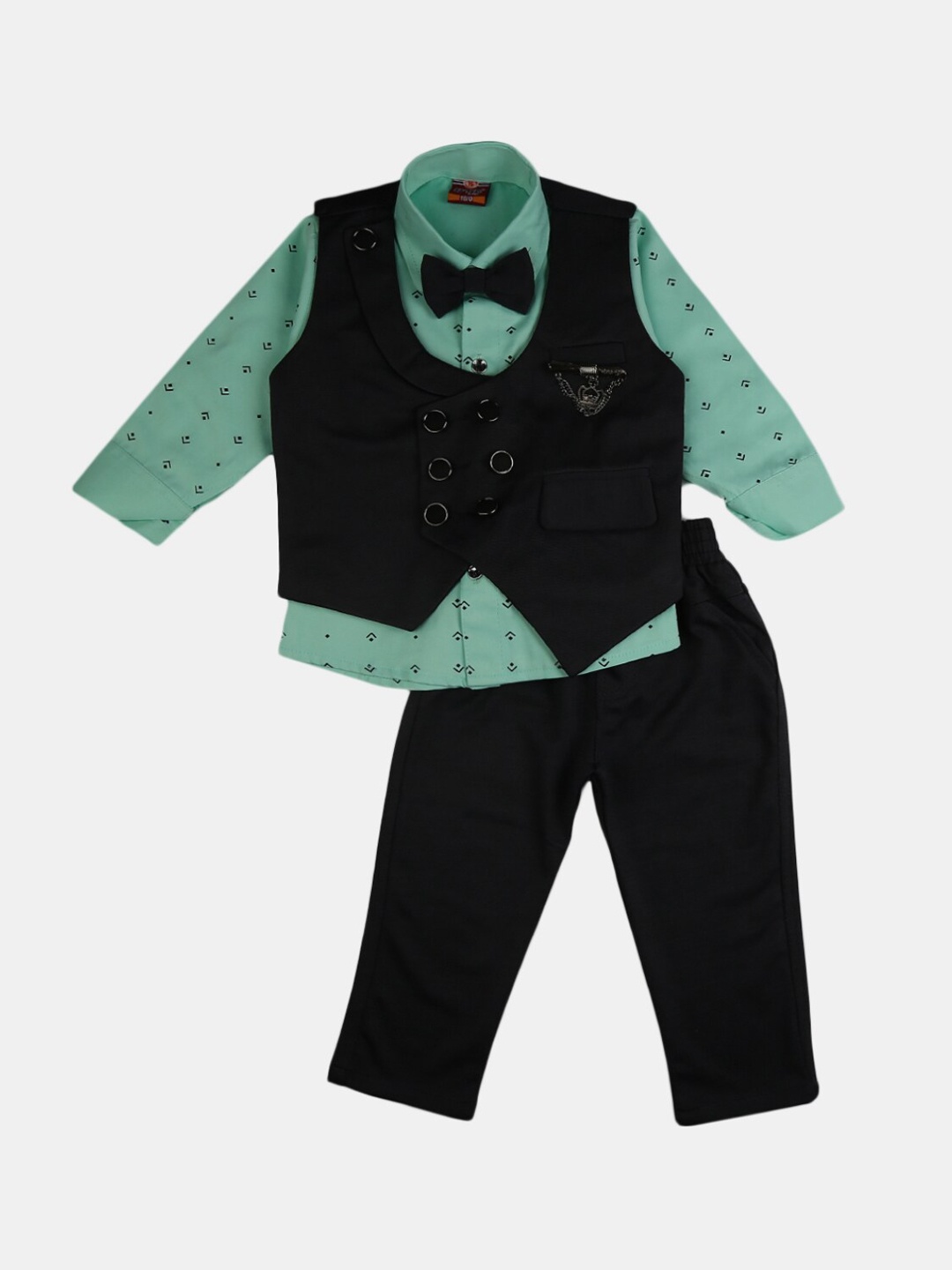 

V-Mart Unisex Kids Charcoal & Green Printed T-shirt with Trousers With Bow & Waistcoat