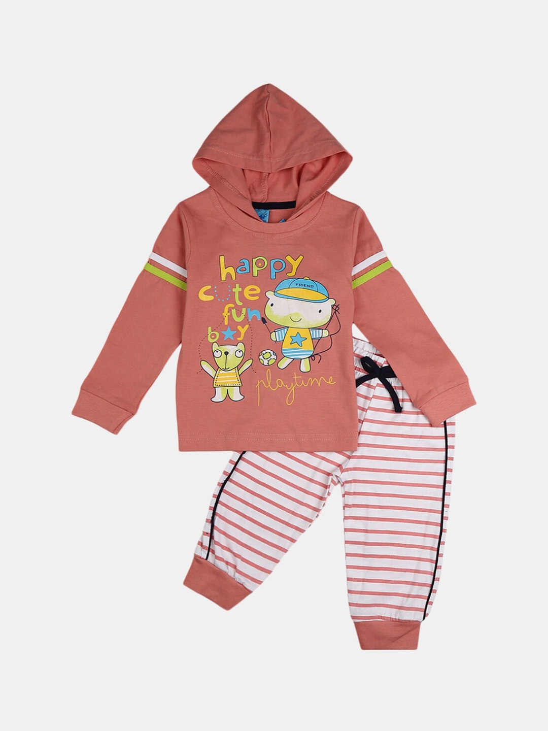 

V-Mart Kids Coral & White Printed Hooded T-shirt with Pyjamas