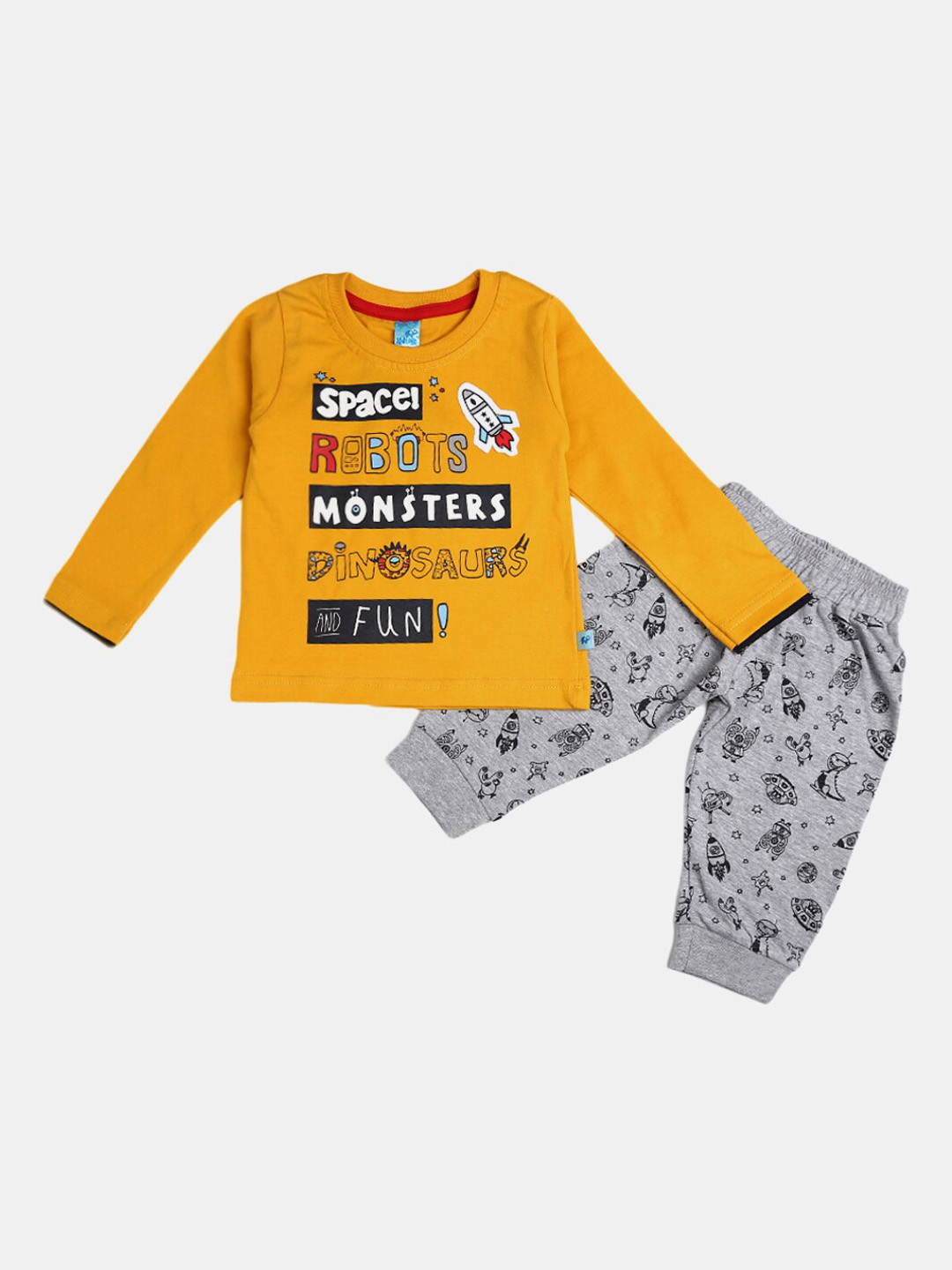

V-Mart Unisex Kids Mustard & Grey Printed T-shirt With Trousers