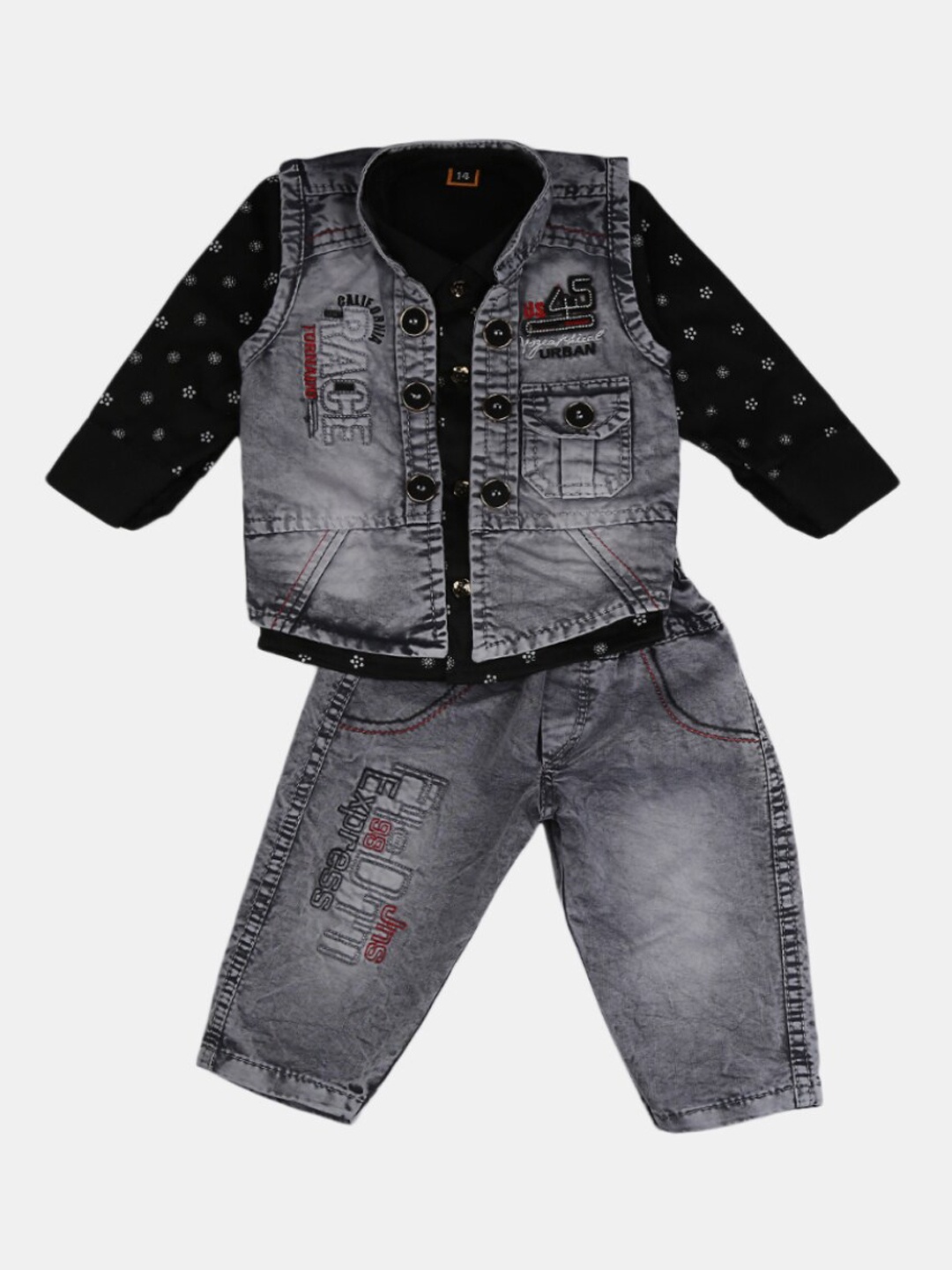 

V-Mart Unisex Kids Grey & Black Printed T-shirt with Denim Shorts & Waistcoat