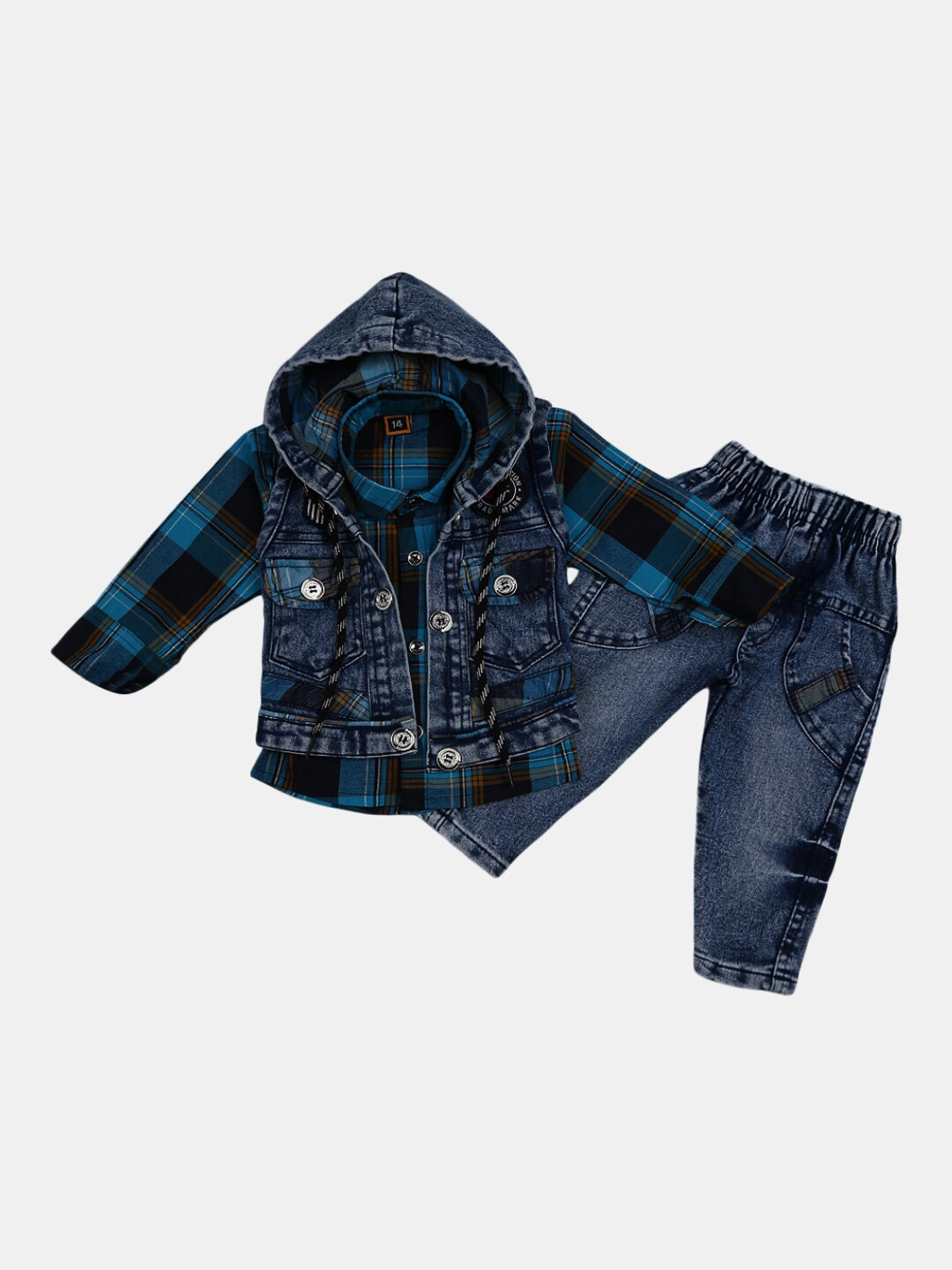 

V-Mart Unisex Kids Blue Checked Woven-Denim Hooded Jacket T-shirt with Trousers