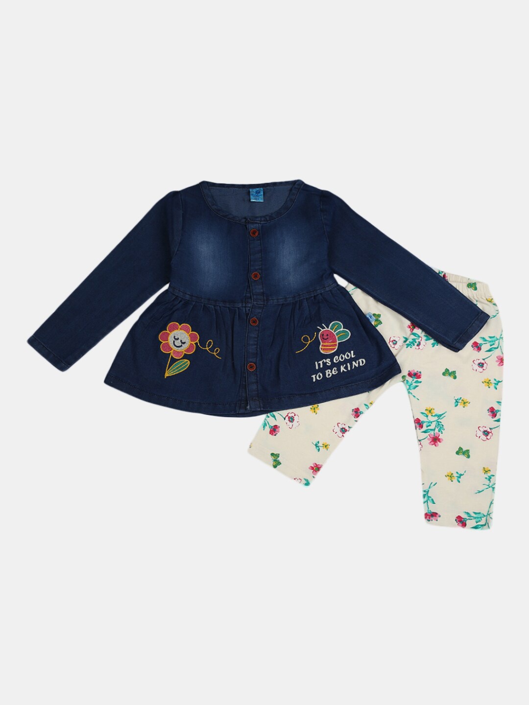 

V-Mart Unisex Kids Off White & Blue Printed Top with Trousers