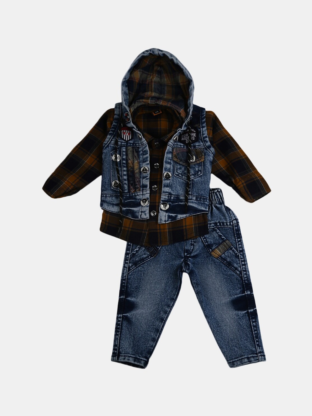 

V-Mart Kids Mustard & Blue Hooded Checked T-shirt & Trousers