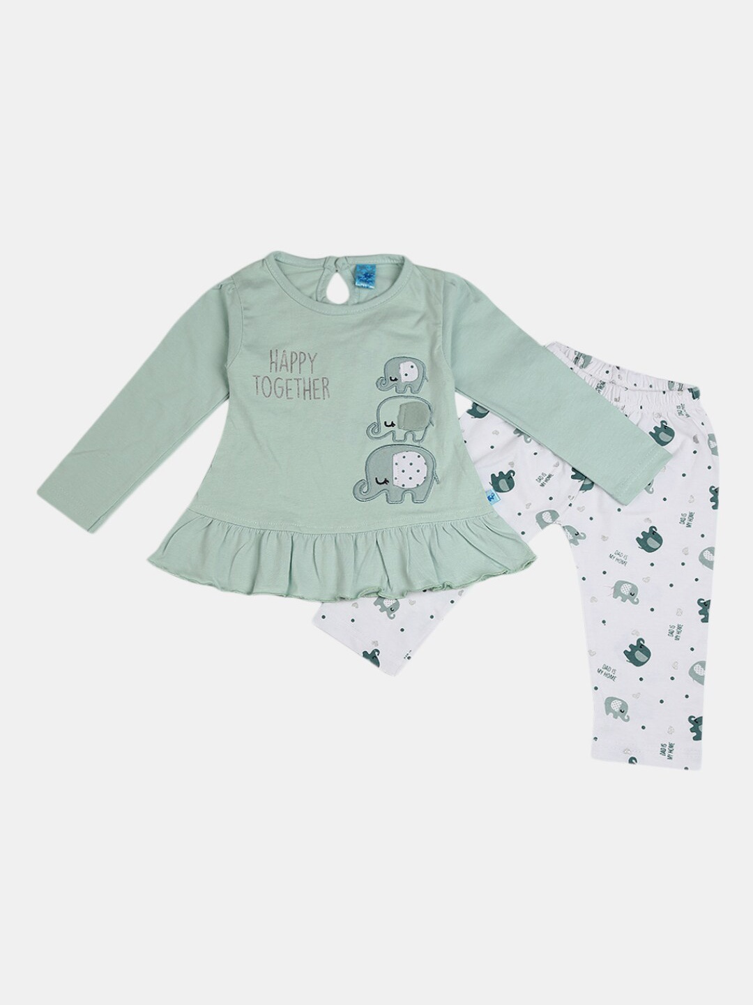 

V-Mart Girls Green & White Printed Cotton Top with Pyjamas