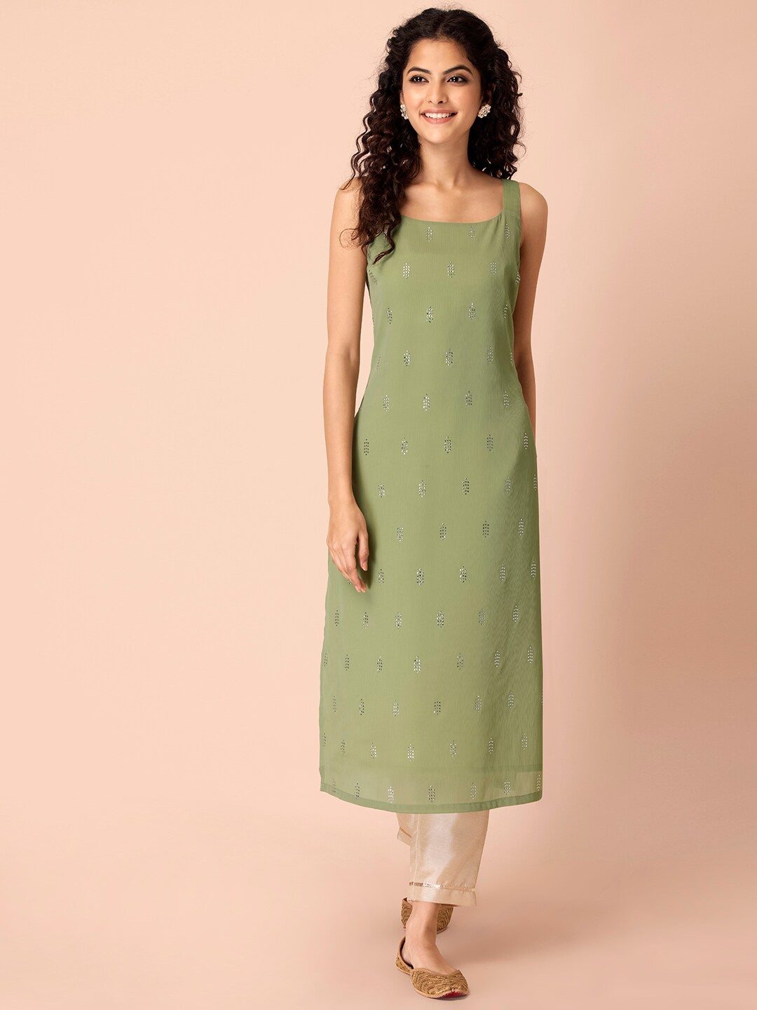 

INDYA Women Green Embellished Sleeveless Straight Kurta