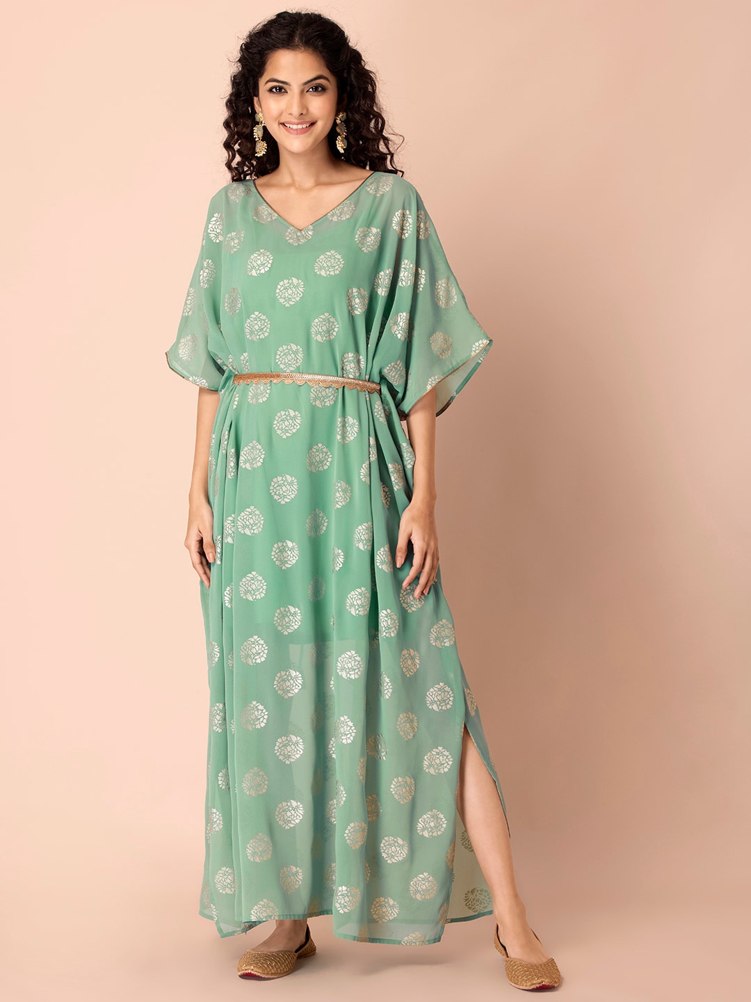 

Rang by Indya Women Green & Gold-Toned Floral Printed Georgette Kaftan Kurta