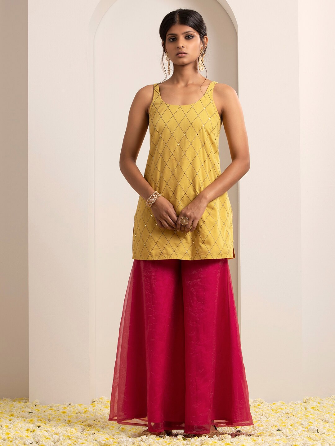 

INDYA Women Yellow Woven Design Kurti with Sharara