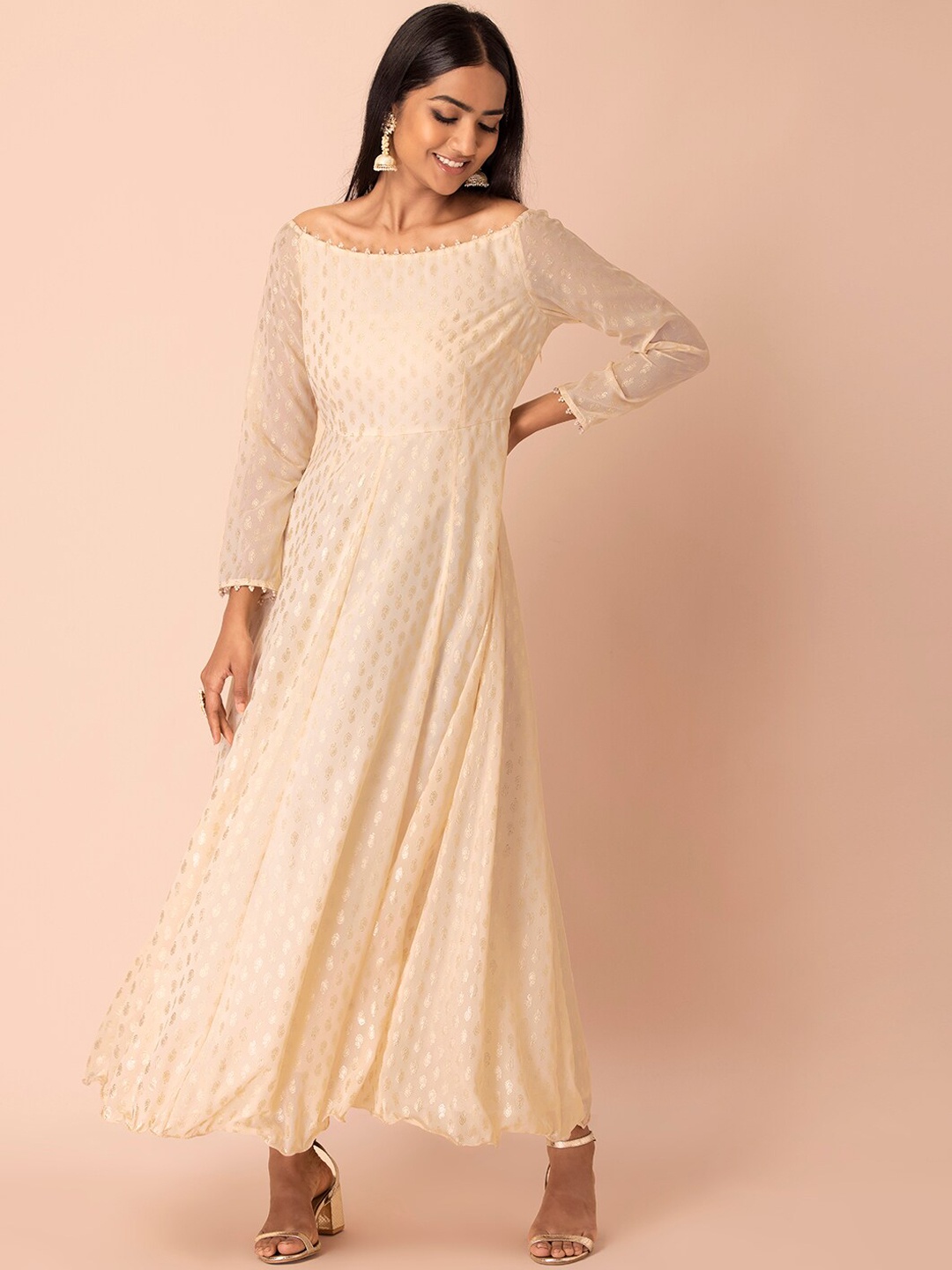 

INDYA Women Off White Ethnic Motifs Off-Shoulder Thread Work Georgette Anarkali Kurta