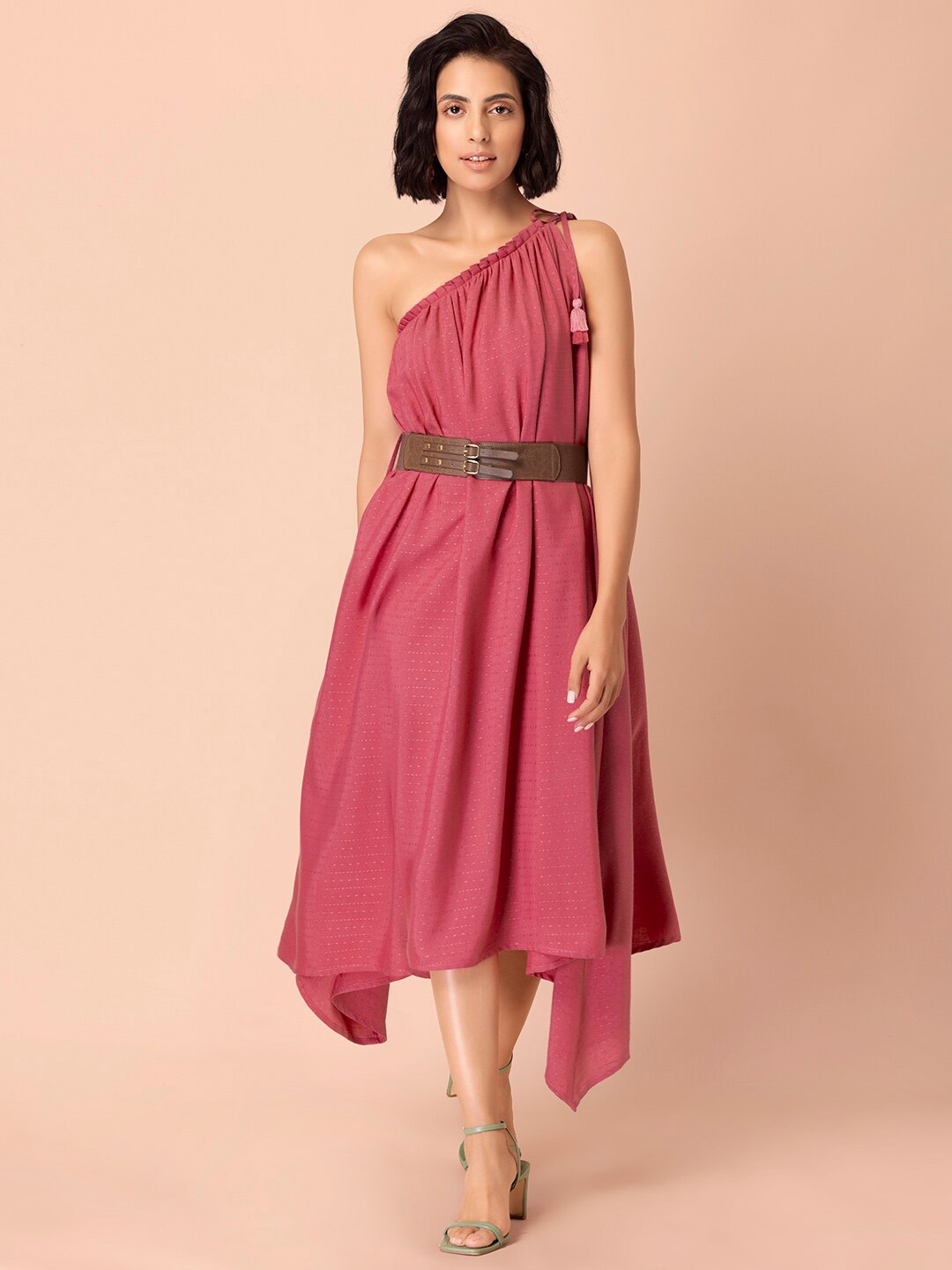 

Rang by Indya Women Pink Solid One Shoulder Dresses With Leather Belt