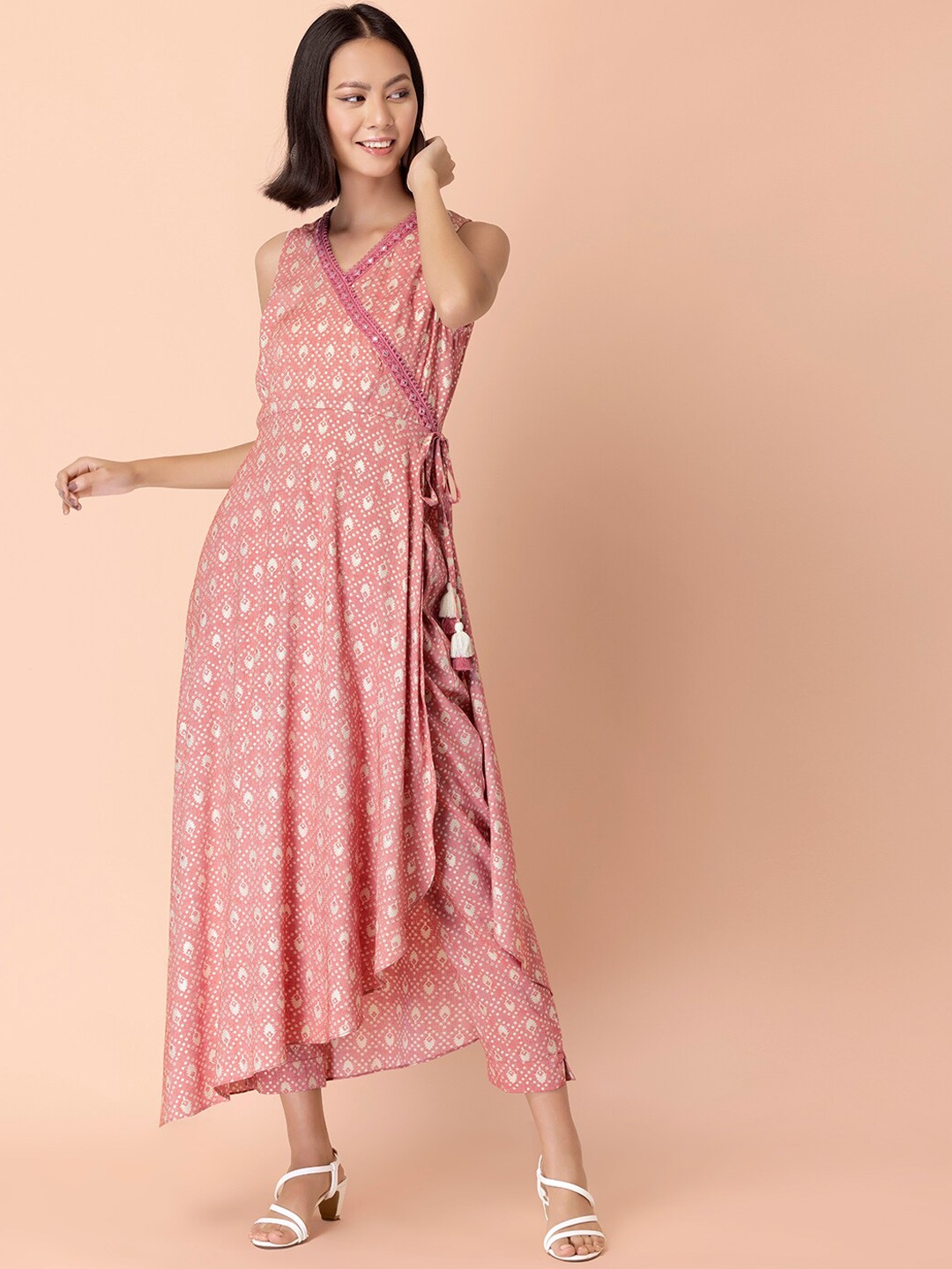 

Rang by Indya Women Coral Ethnic Motifs Printed Mirror Work Kurta