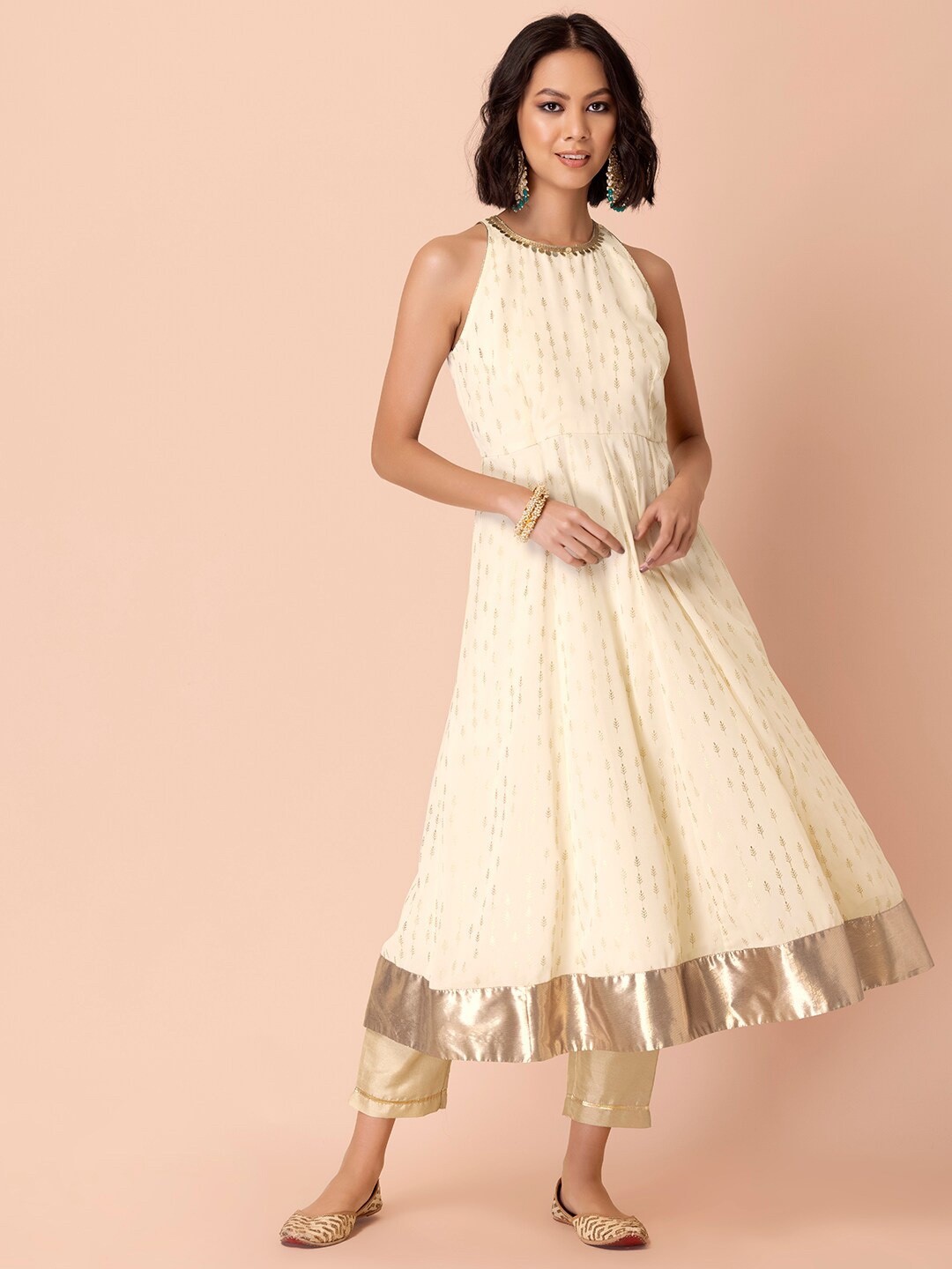 

INDYA Women White & Gold-Toned Ethnic Motifs Halter Neck Georgette Anarkali Kurta