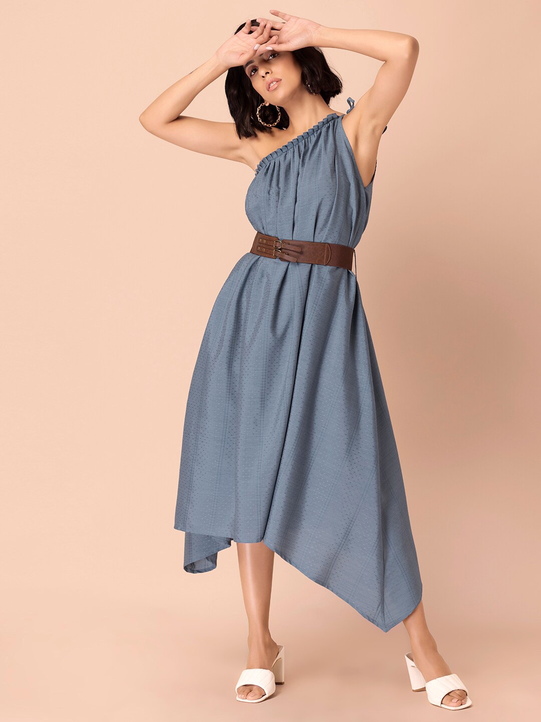 

Rang by Indya Blue One Shoulder Dress with Leather Belt