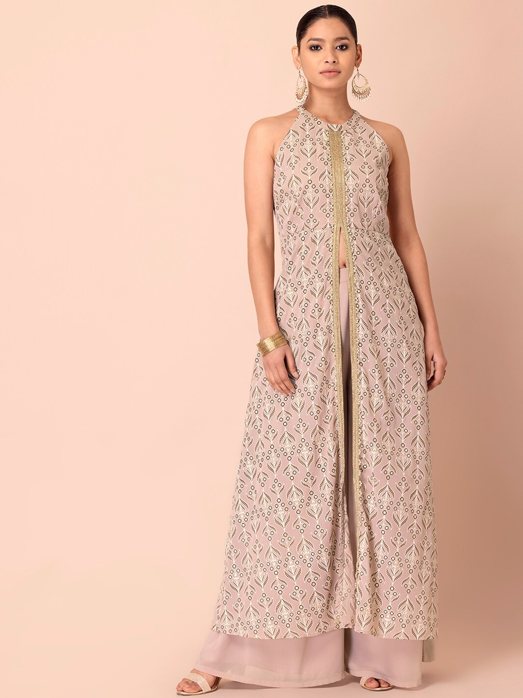 

INDYA Women Pink Floral Printed Halter Neck Maxi Kurta