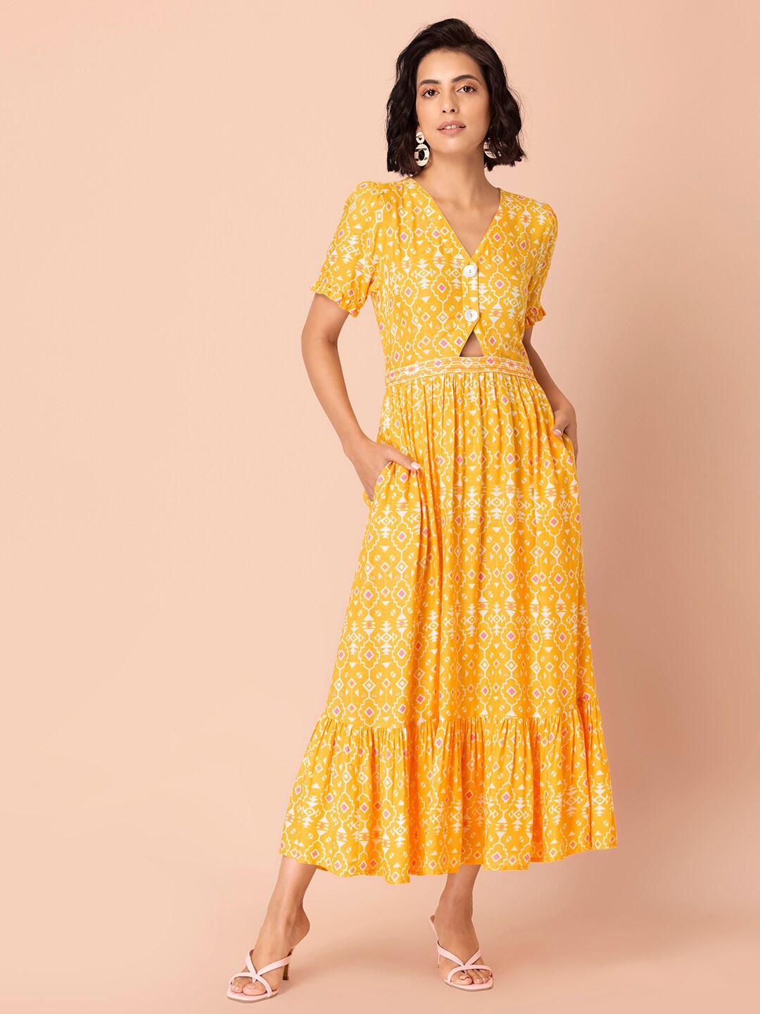 

INDYA WOMEN Yellow & White Ethnic Motifs Ethnic Maxi Dress