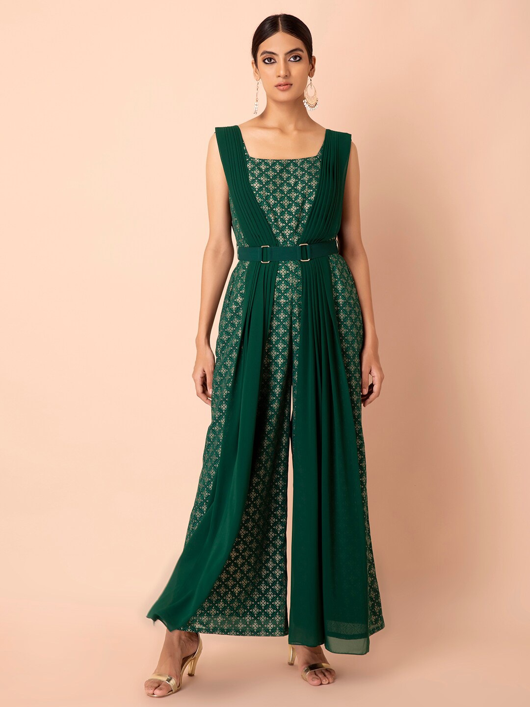 

INDYA Women Green Floral Printed Basic Belted Jumpsuit