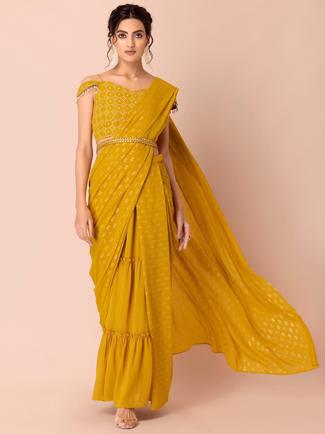 

INDYA Mustard Woven Design Belted Pre Draped Ready to Wear Saree