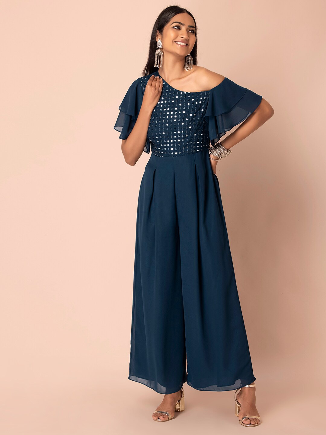 

INDYA Women Teal Basic Embellished Jumpsuit