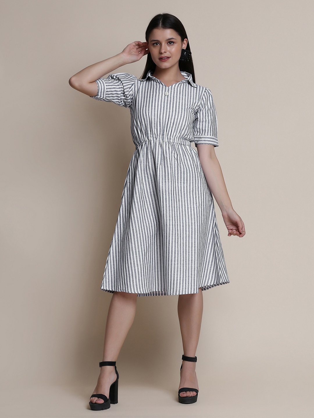 

Atsevam Grey & White Striped Formal Dress