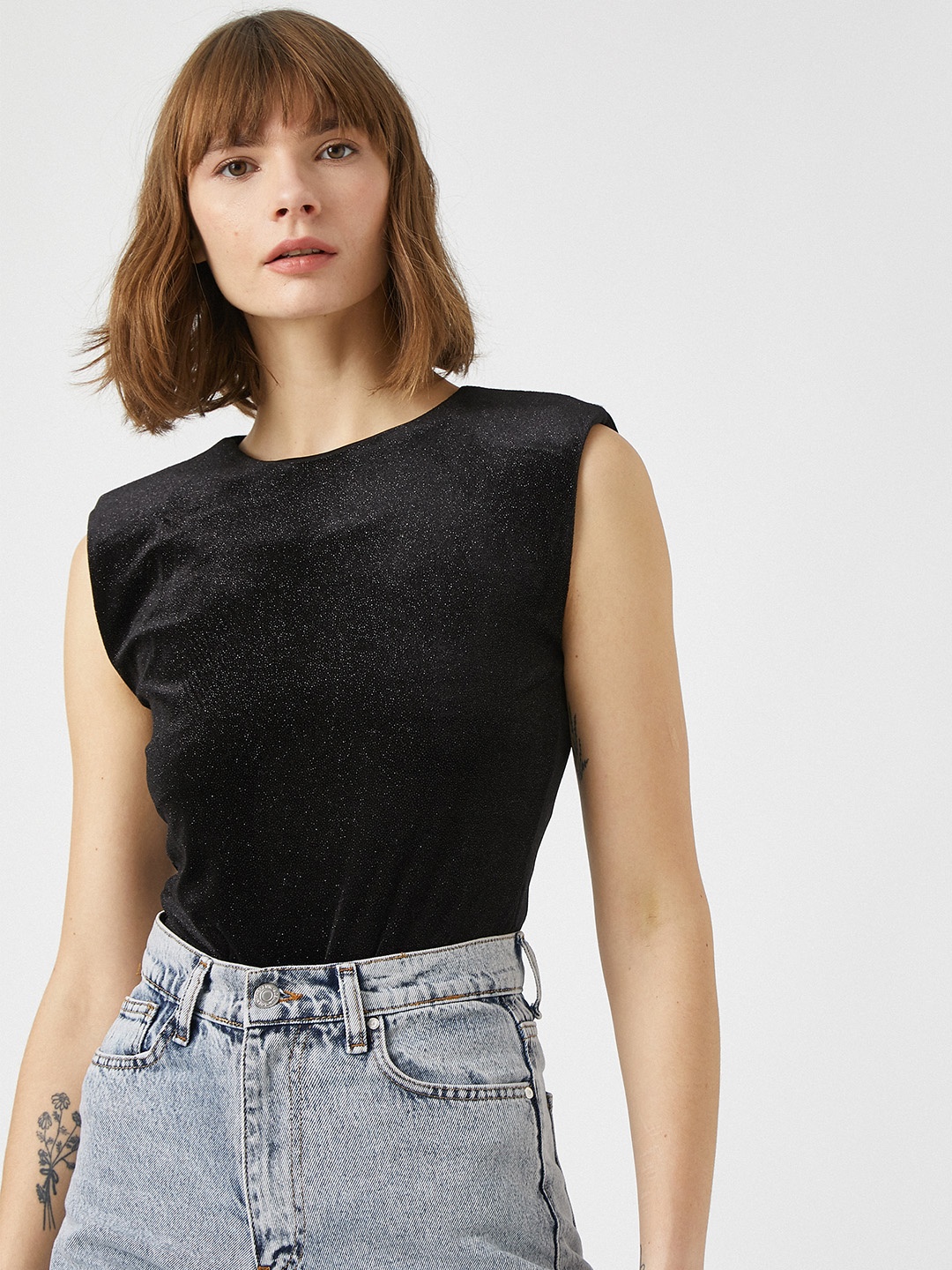 

Koton Black Shoulder Pad Shimmery Top
