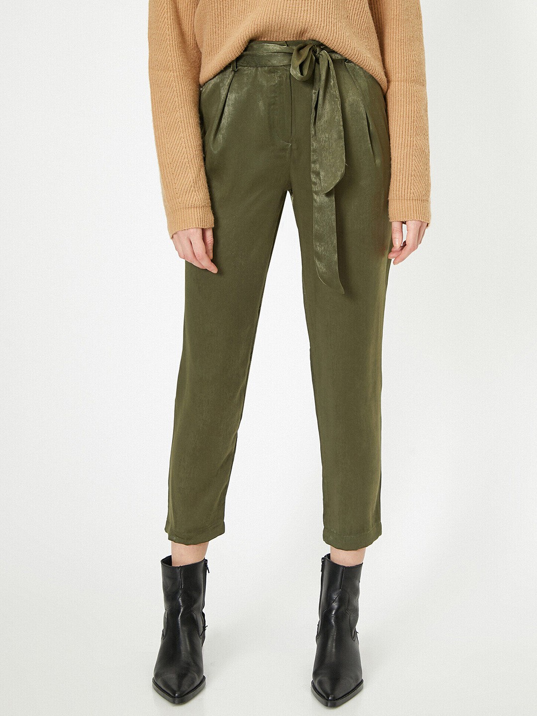 

Koton Women Olive Green High-Rise Pleated Cropped Peg Trousers with Belt
