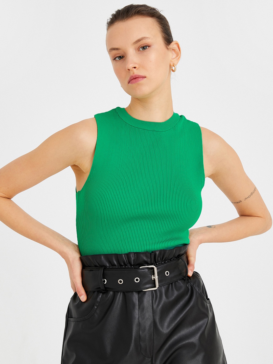 

Koton Sea Green Ribbed Crew Neck Top
