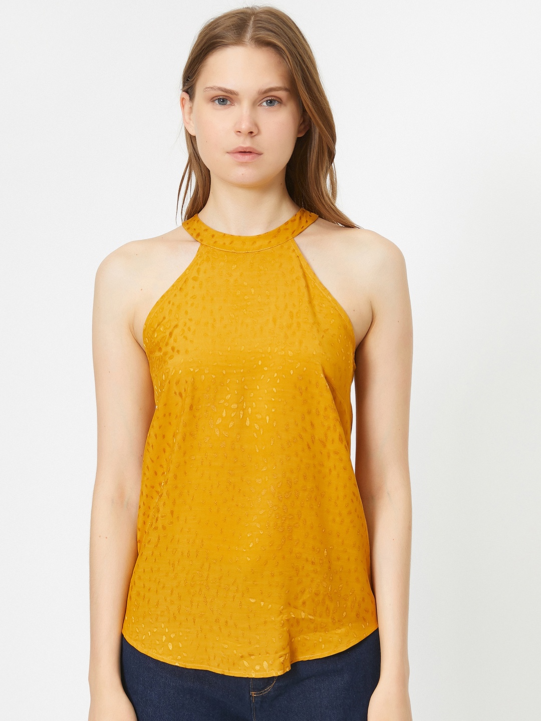 

Koton Mustard Yellow Self Design Halter Neck Top