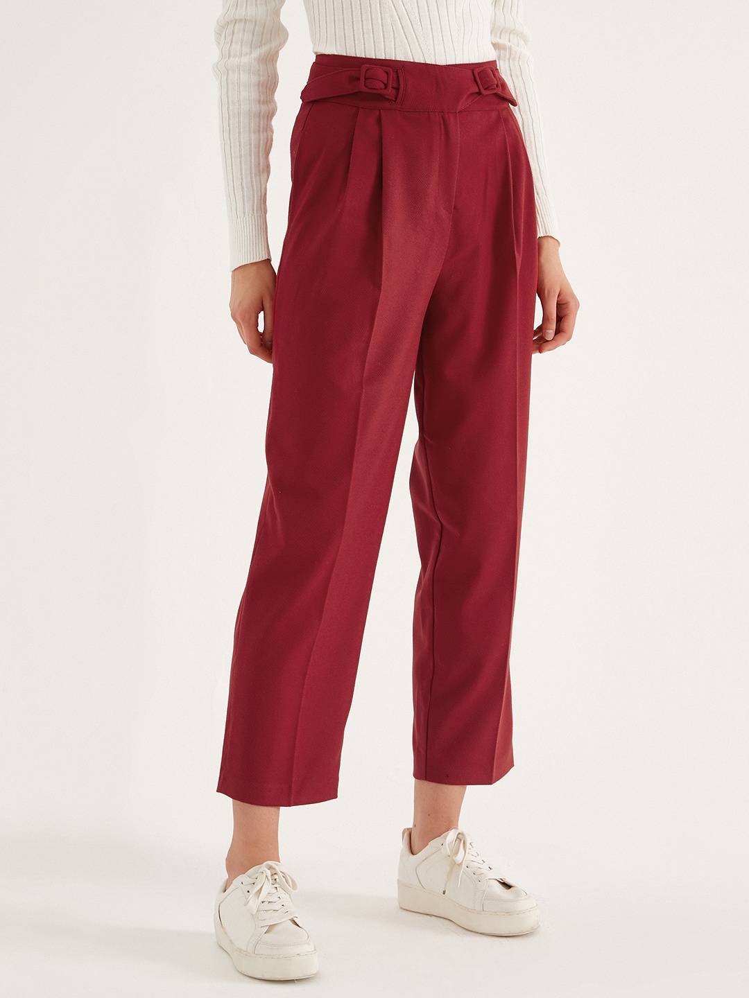 

Koton Women Red High-Rise Pleated Cropped Parallel Trousers