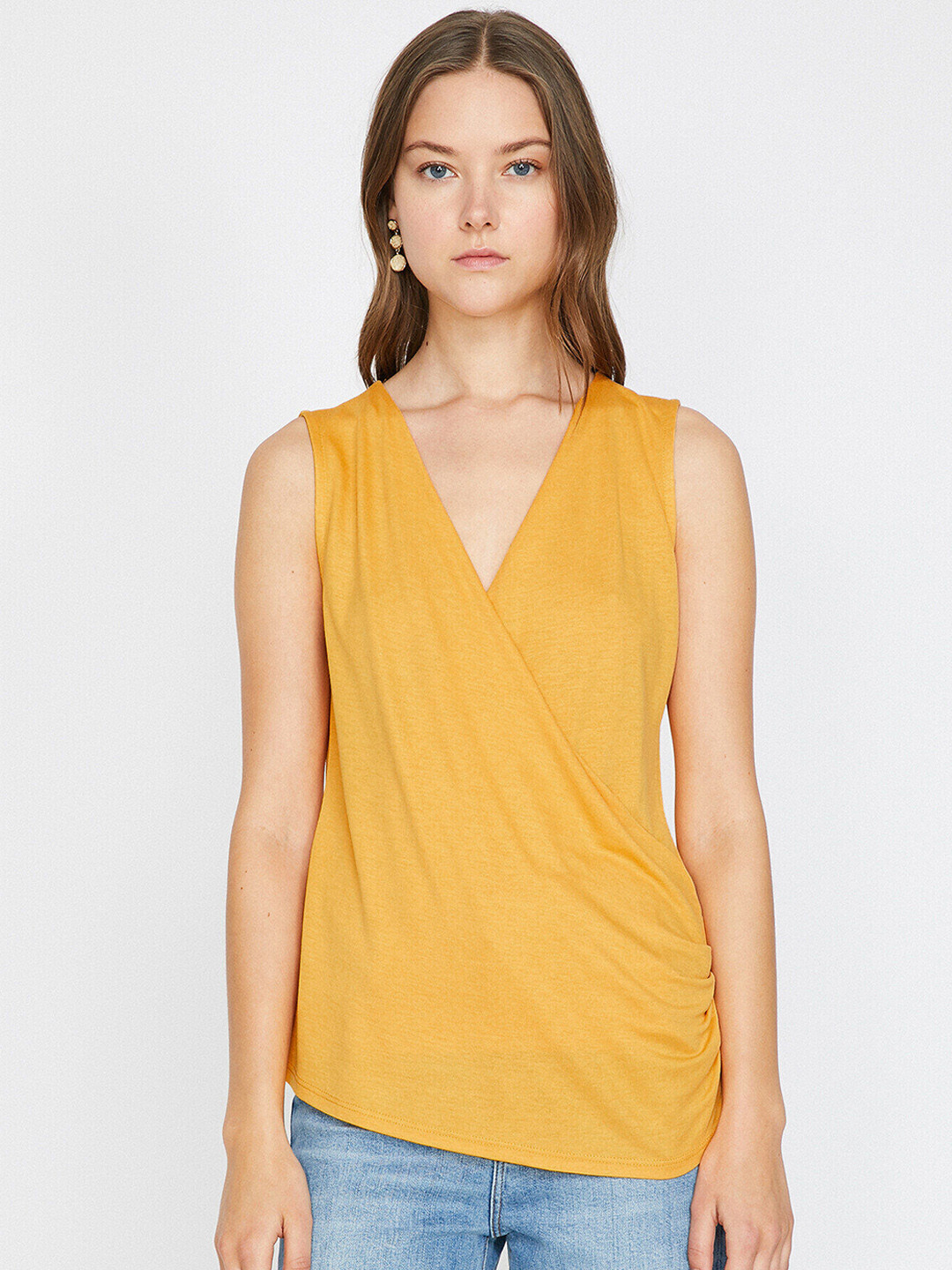 

Koton Mustard Yellow Solid Wrap Top