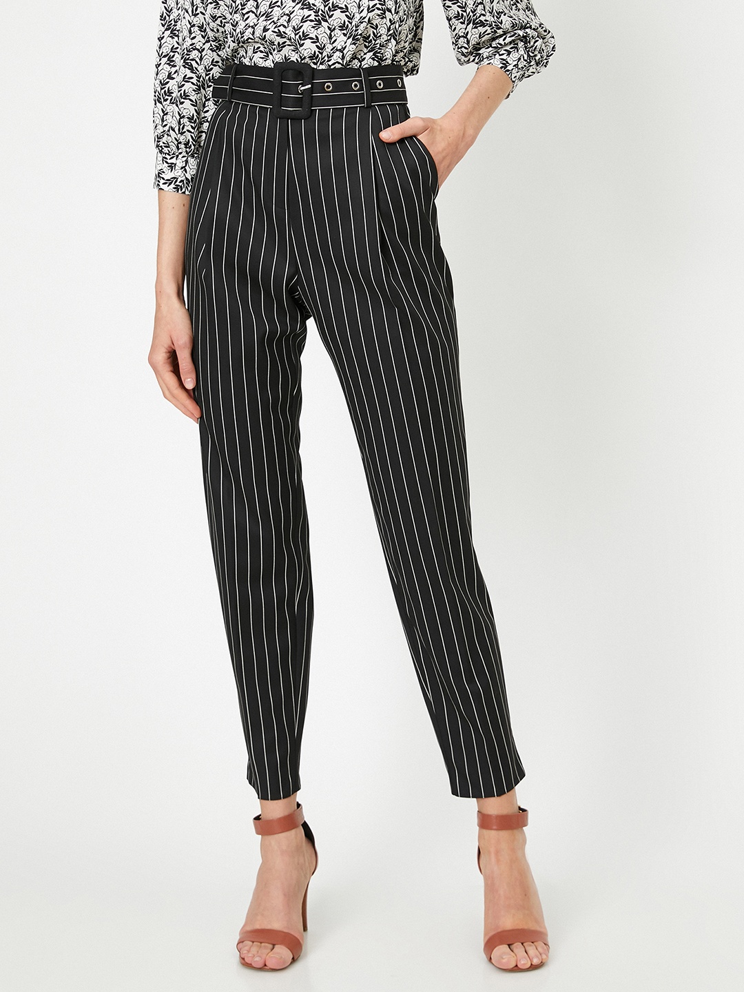 

Koton Women Black & White Striped High-Rise Pleated Peg Trousers