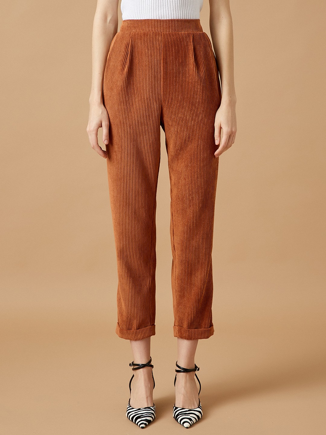 

Koton Women Brown High-Rise Corduroy Pleated Peg Trousers