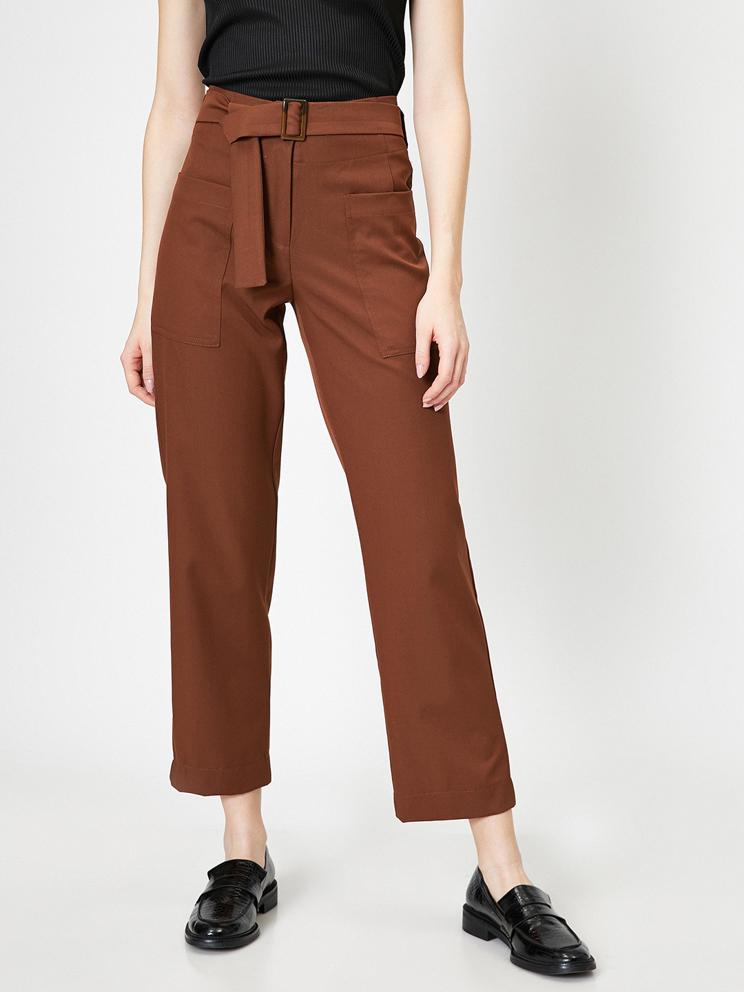 

Koton Women Brown Straight Fit High-Rise Cropped Parallel Trousers