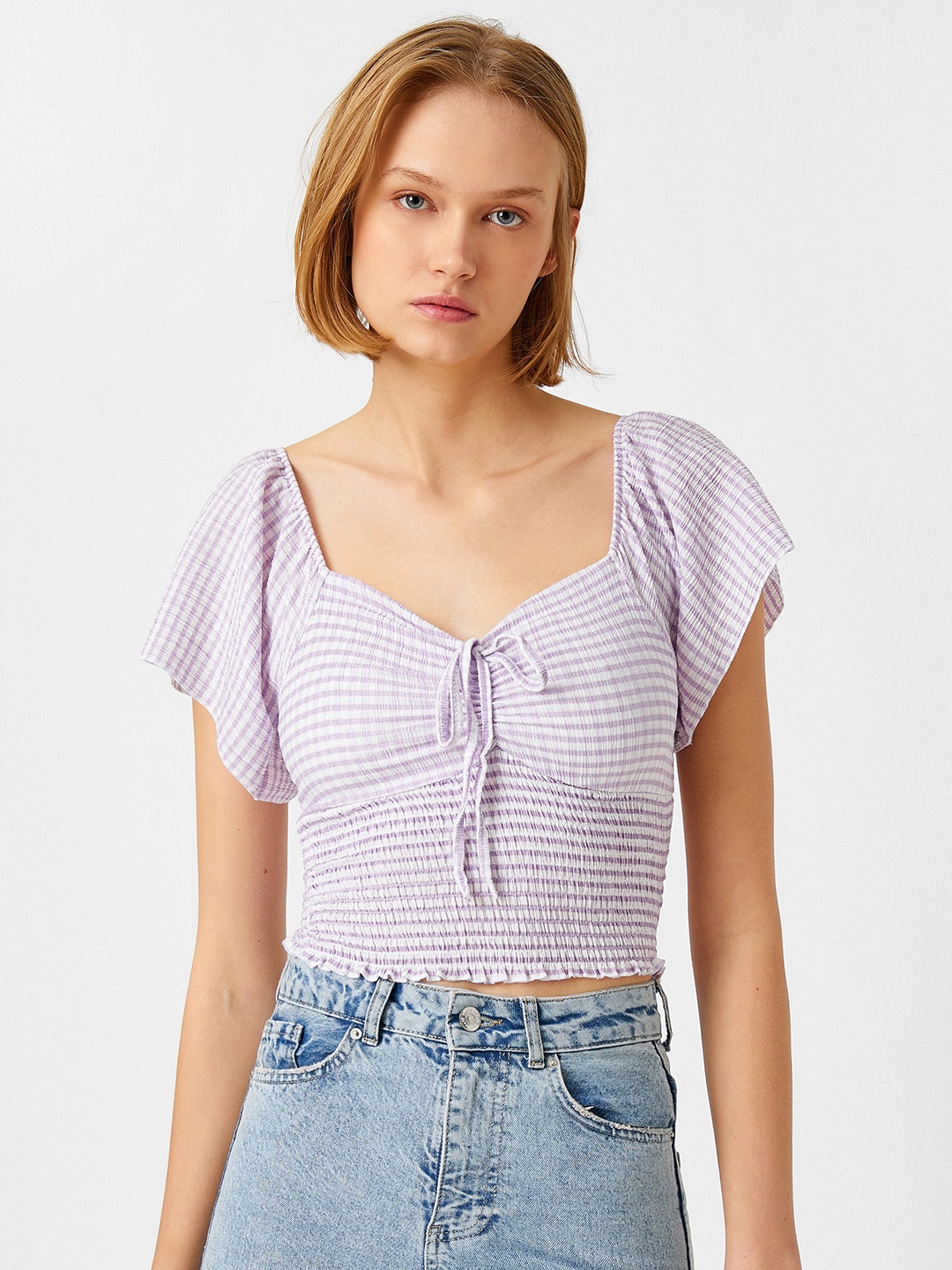 

Koton Lavender & White Striped Sweetheart Neck Crop Top