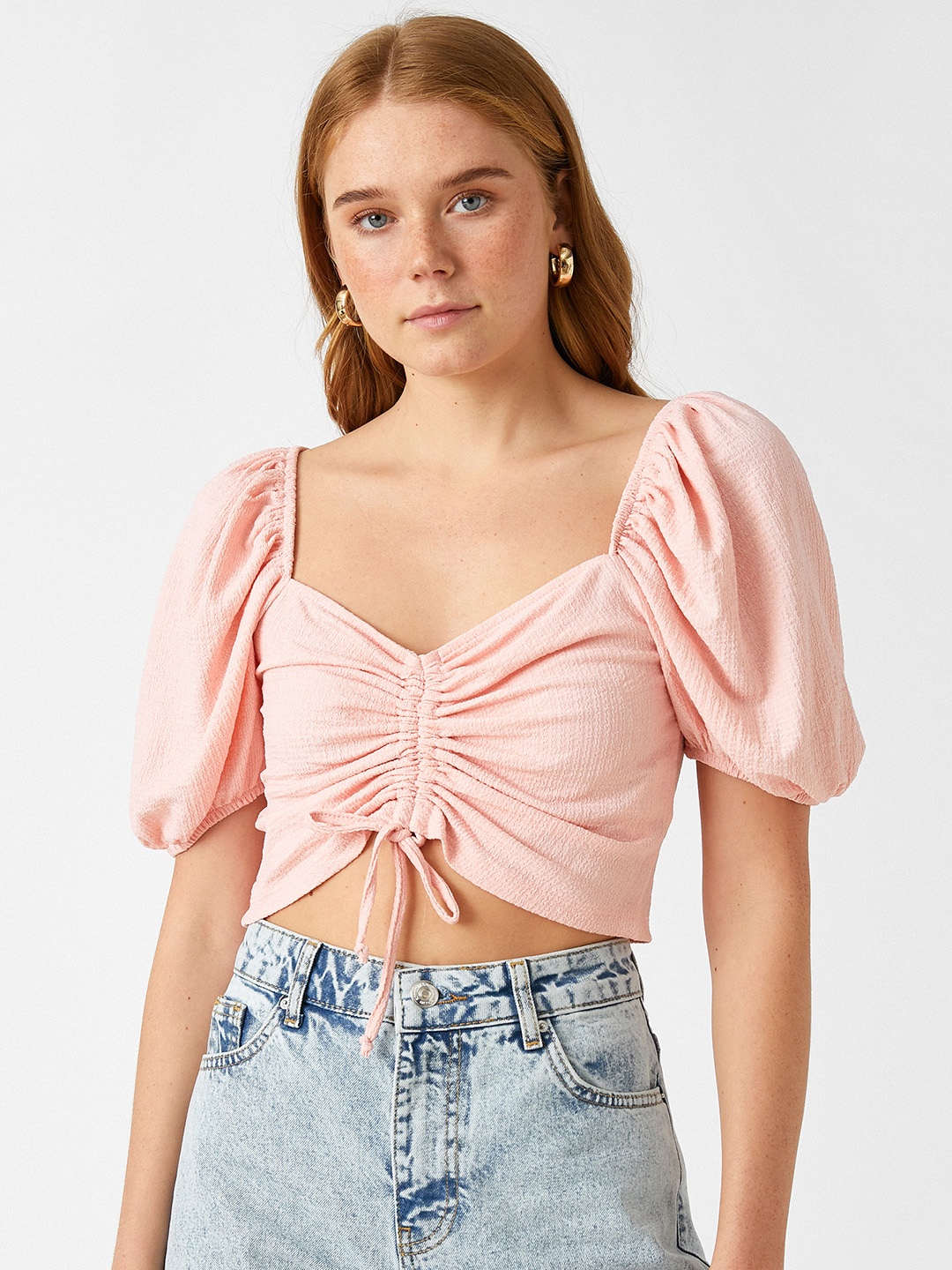 

Koton Peach-Coloured Solid Ruched Crop Top