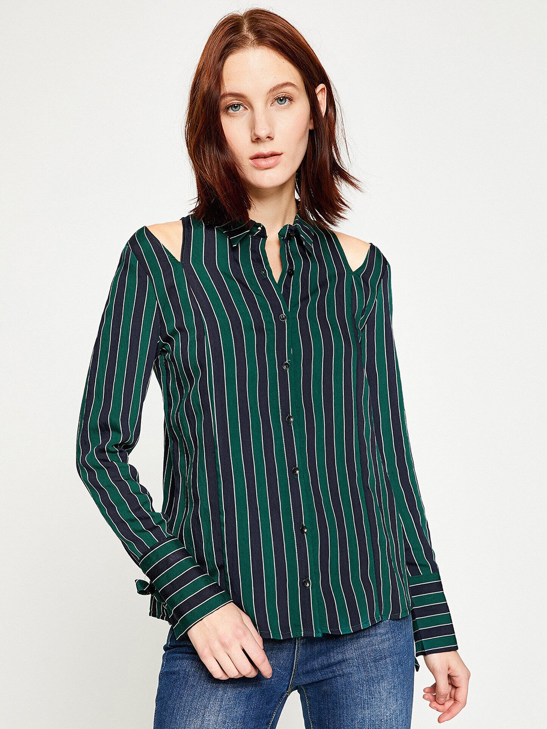 

Koton Green & Navy Blue Striped Shirt Style Top