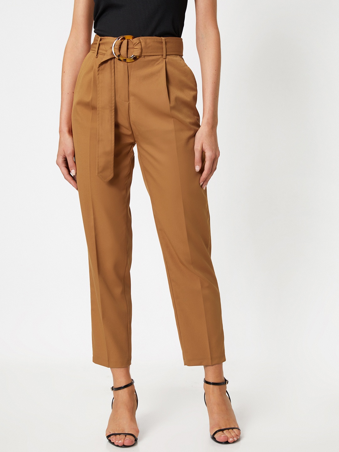 

Koton Women Mustard Brown High-Rise Pleated Cropped Peg Trousers with Belt