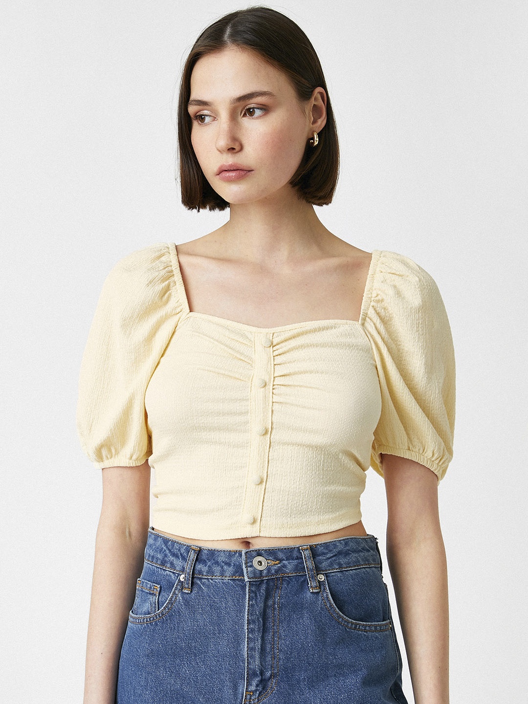 

Koton Cream-Coloured Puff Sleeves Cropped Shirred Fitted Top