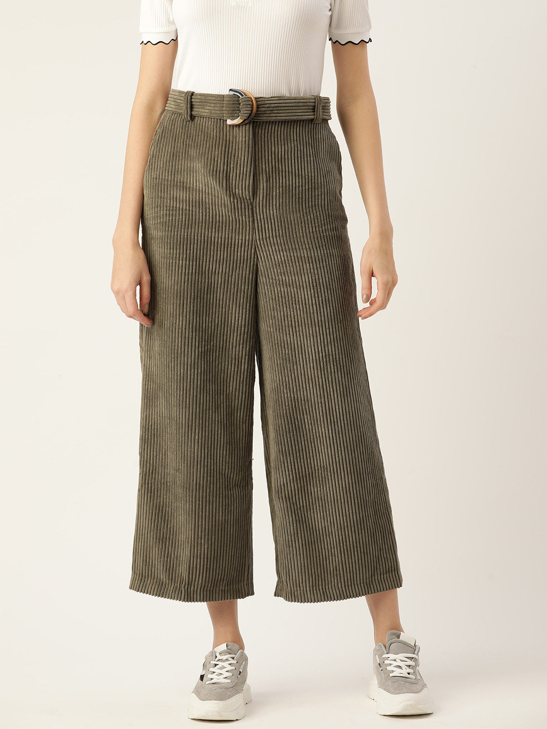 

Koton Women Olive Green High-Rise Corduroy Cropped Parallel Trousers