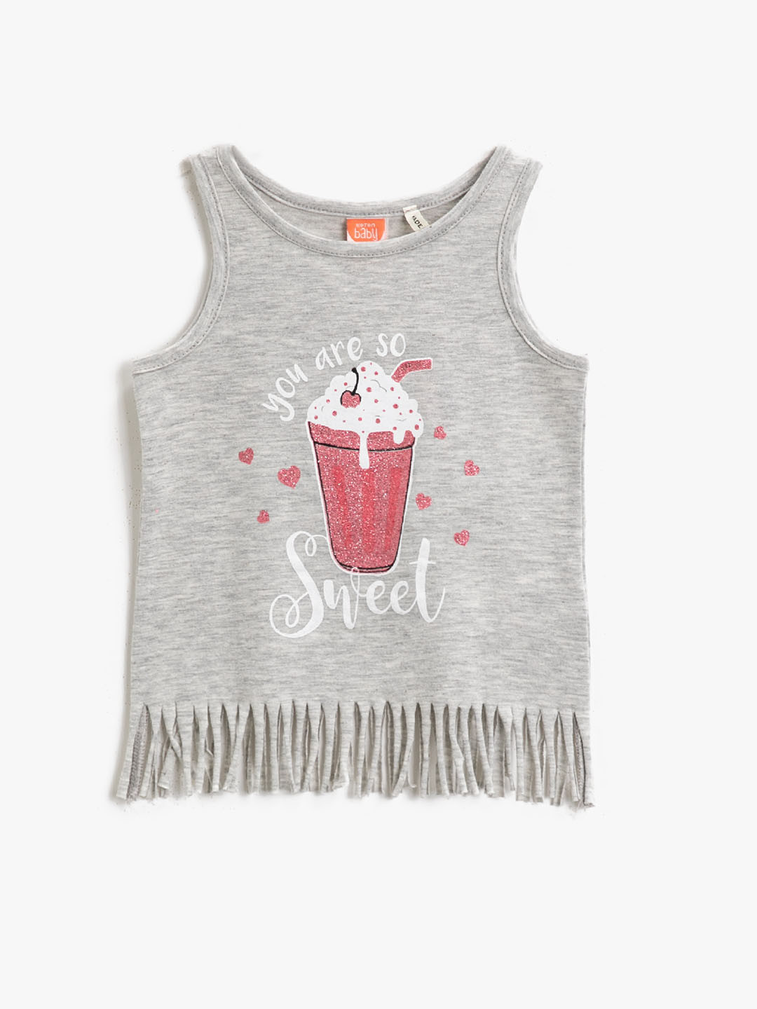 

Koton Girls Grey Melange & Pink Printed Fringed Top