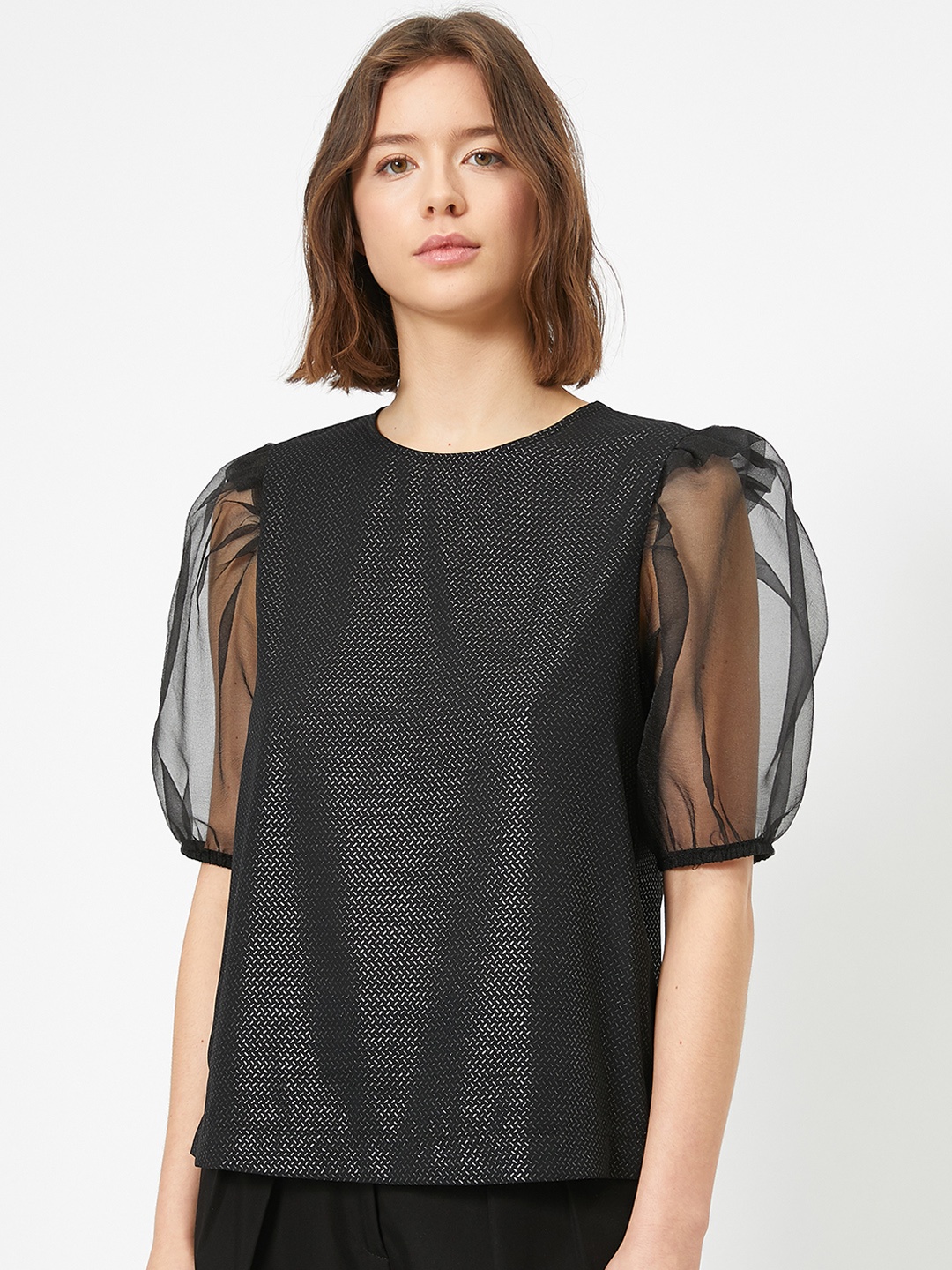 

Koton Black & Silver-Toned Geometric Print Top