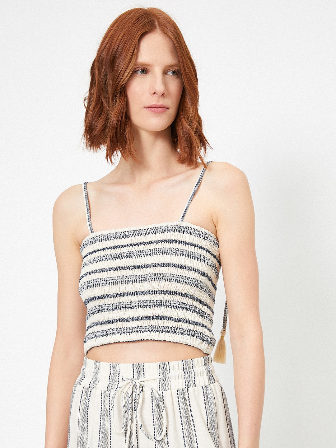 

Koton Cream-Coloured & Navy Blue Striped Smocked Top
