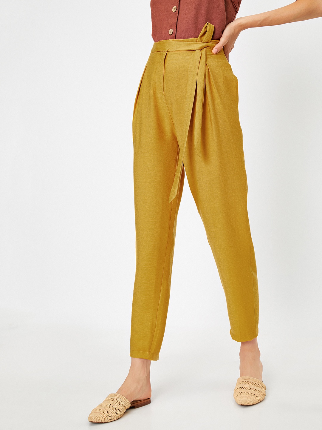 

Koton Women Mustard Yellow High-Rise Pleated Cropped Peg Trousers with Belt